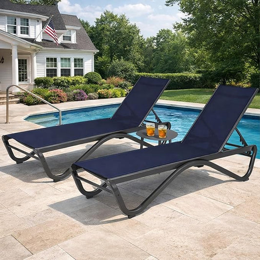 Kozyard Outdoor Chaise Lounge Chair, Full Aluminum Frame and Textilene Fabric, Adjustable Reclining Patio Lounger for Poolside, Sunbathing & Backyard (NavyBlue, 2Chairs with Table)