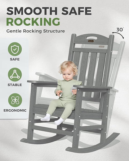 Oversized Outdoor Rocking Chairs Set of 2, High Back Porch Rocker Chair, HDPE Rocking Chairs for Patio, Living Room, Light Grey