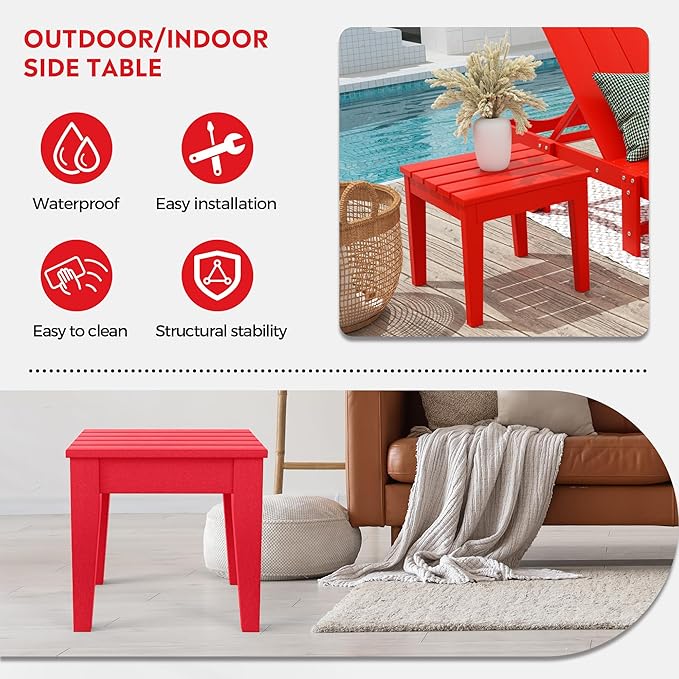 Costaelm Outdoor Patio Table and Chairs Set of 2, 2-Piece HDPE Garden Chair with Square Adirondack Side Table Set, Porch Chairs Coffee Table for Outside Porch Backyard, Red