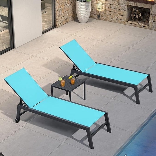 PURPLE LEAF Patio Chaise Lounge Set 4 Pieces Aluminum Outdoor Lounge Chairs with Wheels and Side Table Sunbathing Recliner Turquoise Blue