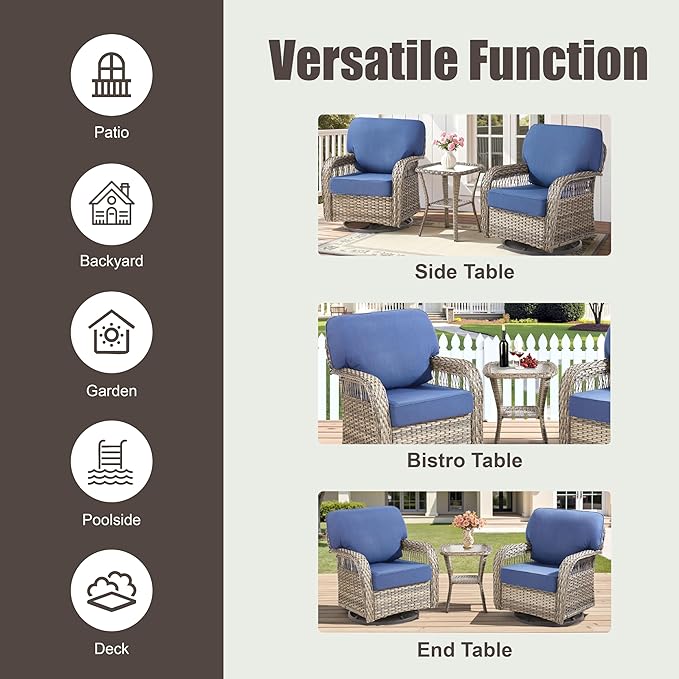 5 Pieces Patio Furniture Set, All Weather Wicker Swivel Rocker Patio Chairs with Ottomans Rattan Side Table - Photo 9