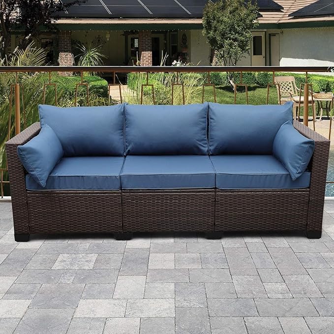 3-Piece Outdoor Rattan Couch Furniture Patio Wicker Sofa with Steel Frame with Furniture Cover and Deep Seat High Back, Blue Anti-Slip Cushion