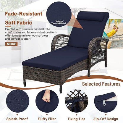 HOMEDIARY Outdoor Wicker Lounge Chair with Cushion, 6-Position Adjustable Patio Chaise Lounge, All Weather Lay Flat Pool Sunbathing Recliner Chair, Armrest and Head Pillow, Fade-Resistant, Navy Blue