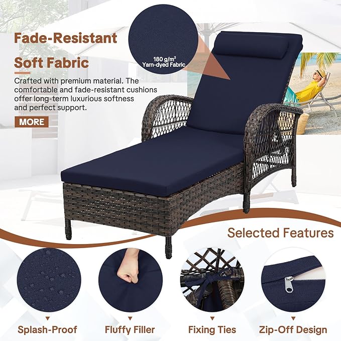 HOMEDIARY 2-Piece Outdoor Wicker Lounge Chairs with Cushion, Rattan Patio Chaise Loungers with 6-Level Backrest, All Weather Lay Flat Pool Sunbathing Recliner Chair, Armrest and Head Pillow, Navy Blue
