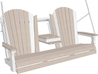 LuxCraft 5' Adirondack Hanging Front Porch Swing with Flip Down Console, Seats Up to 3, Outdoor Patio Swing Bench for Outside (Birch & White)
