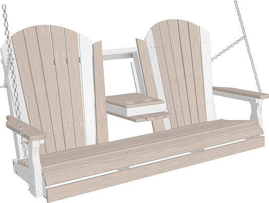 LuxCraft 5' Adirondack Hanging Front Porch Swing with Flip Down Console, Seats Up to 3, Outdoor Patio Swing Bench for Outside (Birch & White)