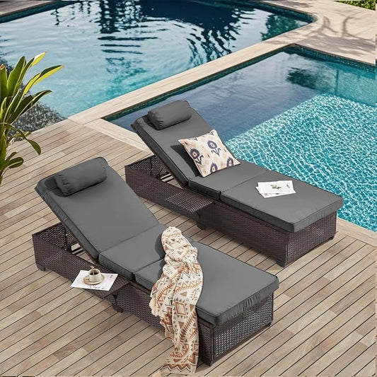 Outdoor Lounge Chairs, Pool Lounge Chairs Set of 2, Outdoor Chaise Lounge with Adjustable Backrest & Cup Holder,Grey Cushion