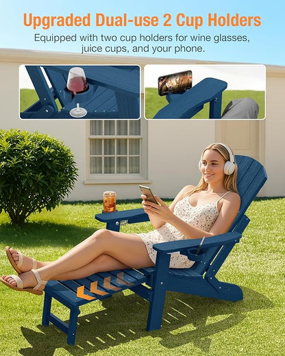 YEFU Adjustable Adirondack Chair with Footrest, 5-Level Adjustable Adirondack Chair with Retractable Ottoman & 2 Cup Holder, Folding Adirondacks Chairs Use for Outdoor, Pool, Patio, Fire Pit (Navy)