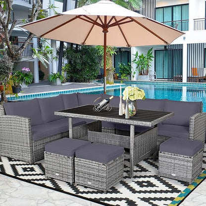 COSTWAY 7 PCS Wicker Outdoor Conversation Set, Patio Sectional Furniture Sofa Set with Table & Seat Cushions, Rattan Furniture Sets for Backyard Garden Poolside Porch, Grey
