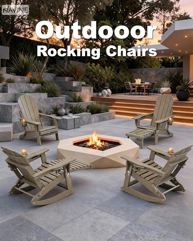 Adirondack Rocking Chairs Set of 4 with Retractable Ottoman, All Weather Folding Adirondack Chair with Two Cup Holders, Adirondack Outdoor Rocking Chairs for Porch, Patio, Balcony. Brown