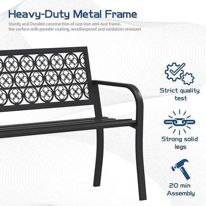Black Outdoor Bench, Metal Weatherproof Garden Bench Cast Iron Heavy-Duty Patio Bench with Decorative Backrest for Proch Park 880lb Capacity