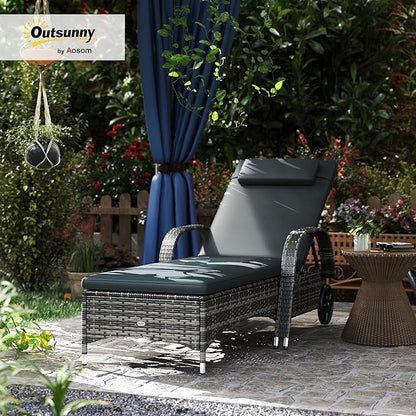 Outsunny Wicker Outdoor Chaise Lounge, 5-Level Adjustable Backrest PE Rattan Pool Lounge Chair with Wheels, Cushion & Headrest, Mixed Gray and Charcoal Black