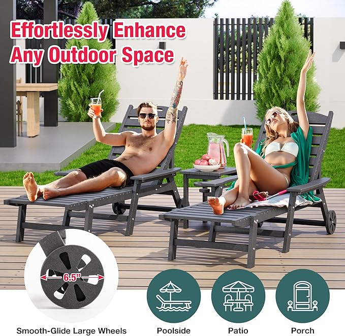 Pamapic 500 LBS Lounge Chair with Coffee Table Set of 2, Wide Armrest Oversized Chaise Lounge Chair with Wheel, 4 Positions Chaise Lounge with Cup Holder, Outdoor Lounge Chairs for Poolsdie, Grey