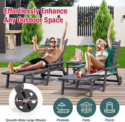 Pamapic 500 LBS Lounge Chair with Coffee Table Set of 2, Wide Armrest Oversized Chaise Lounge Chair with Wheel, 4 Positions Chaise Lounge with Cup Holder, Outdoor Lounge Chairs for Poolsdie, Grey
