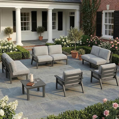 HDPE Patio Furniture Set 8 Seats, Outdoor Couch with Washable Thick Gray Cushions & Side Table, Outdoor Sectional Furniture for Backyard, Deck, Lawn, Porch (Gray Frame)
