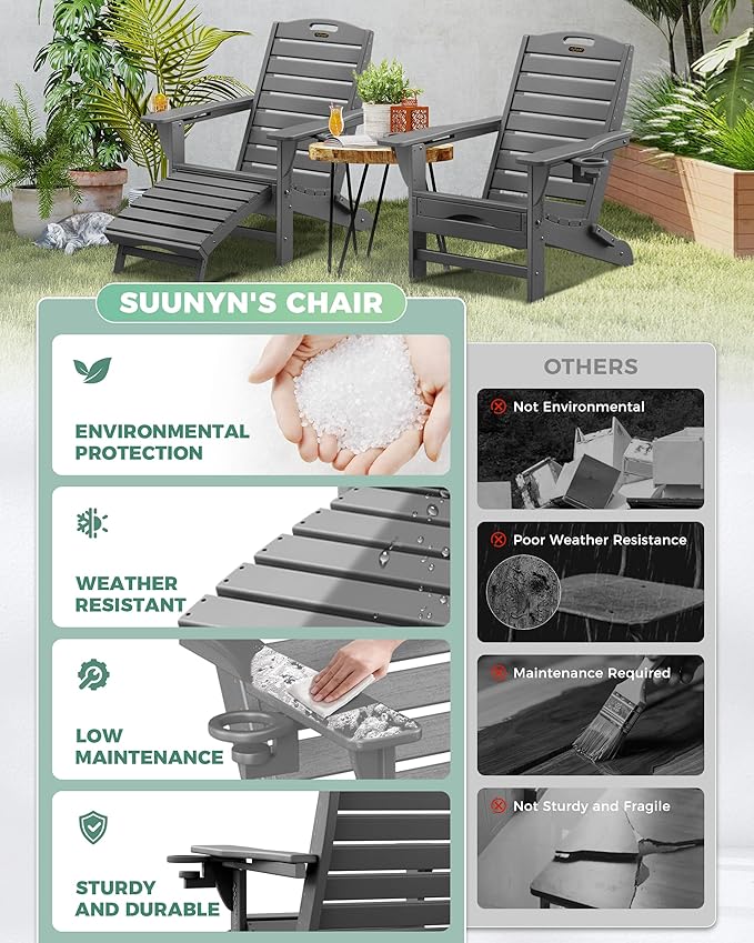 Folding Adirondack Chairs Set of 6,Adirondack Chair with Retractable Ottoman,Plastic Adirondack Chairs with 2 Cup Holder,Weather Resistant Patio Chair,Outdoor Chairs Set of 6(Grey)