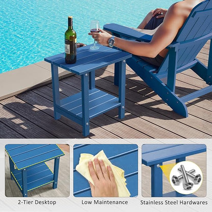 Adirondack Outdoor Side Table, 16.6" Small Patio End Table, 2-Tier HDPE Plastic Table for Poolside Porch Garden, Weather Resistant & Easy Assembly (Navy Blue, Rectangle)