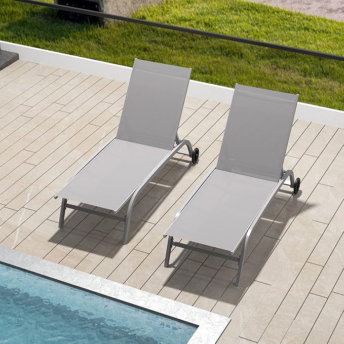 Domi Chaise Lounge Outdoor Set of 2, Lounge Chairs for Outside with Wheels, Outdoor Chaise Lounge with 5 Adjustable Position, Pool Lounge Chairs for Patio, Beach, Yard, Deck, Poolside, Grey