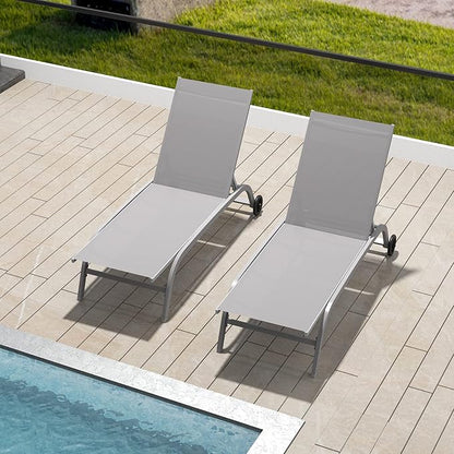 Domi Chaise Lounge Outdoor Set of 2, Lounge Chairs for Outside with Wheels, Outdoor Chaise Lounge with 5 Adjustable Position, Pool Lounge Chairs for Patio, Beach, Yard, Deck, Poolside, Grey