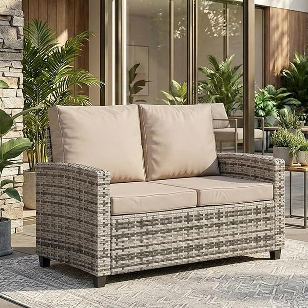 Outdoor Patio Loveseat, All-Weather Outdoor Wicker Sofa with Comfy Cushions, Patio Furniture Set 2 Person Couch - Photo 1