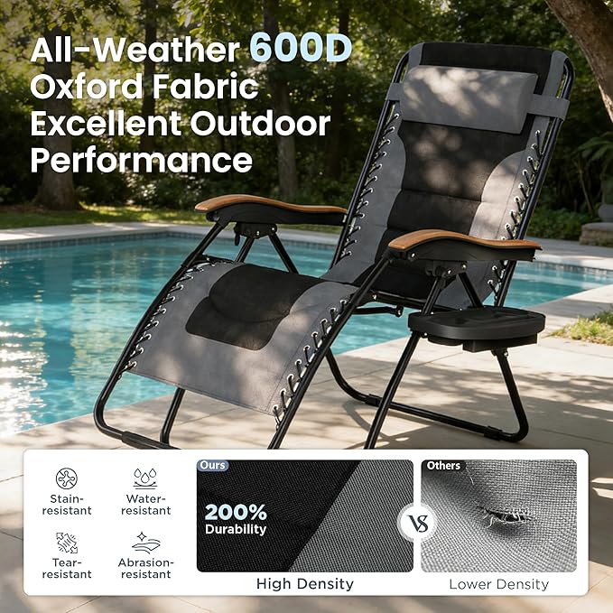 PHI VILLA XXL Oversized Padded Zero Gravity Chair, Foldable Patio Recliner, 30" Wide Seat Anti Gravity Lounger with Cup Holder, Support 400 LBS (Gray)