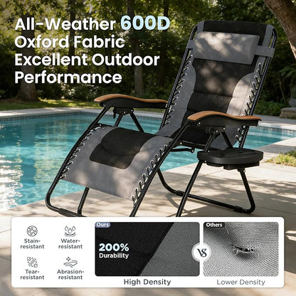 PHI VILLA XXL Oversized Padded Zero Gravity Chair Set of 2, Foldable Patio Recliner, 30" Wide Seat Anti Gravity Lounger with Armrest and Cup Holder, Support 400 LBS (Grey)