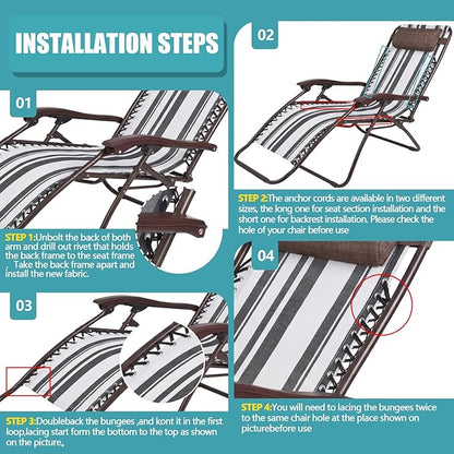 Queekay Chair Replacement Fabric with 4 Bungee Cord Lounge Chair Cloth Mesh Repair Kit for Patio Recliner Outdoor Lawn Pool(63 x 17 Inch,Grey Stripes)