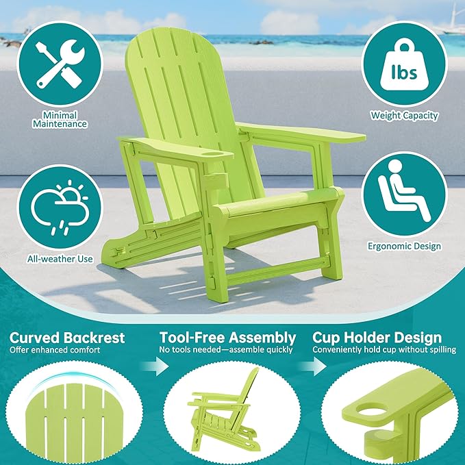 Shintenchi Adirondack Chairs Set of 2,HDPE Adirondack Chairs w/Removable Tablelop & Umbrella Hole,All-Weather Wooden Textured Plastic Outdoor Chairs w/Cup Holders for Garden Backyard Pool,Green