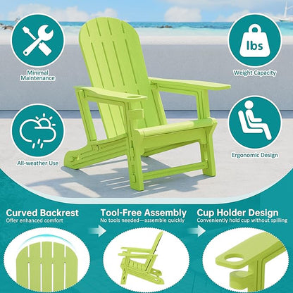 Shintenchi Adirondack Chairs Set of 2,HDPE Adirondack Chairs w/Removable Tablelop & Umbrella Hole,All-Weather Wooden Textured Plastic Outdoor Chairs w/Cup Holders for Garden Backyard Pool,Green