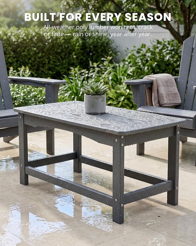Outdoor Coffee Table for Patio, 35 Inch Rectangle Patio Coffee Table, Gray All-Weather Poly Lumber Outside Table, 250 lb Capacity Outdoor Patio Table for Deck Balcony Garden Porch Poolside