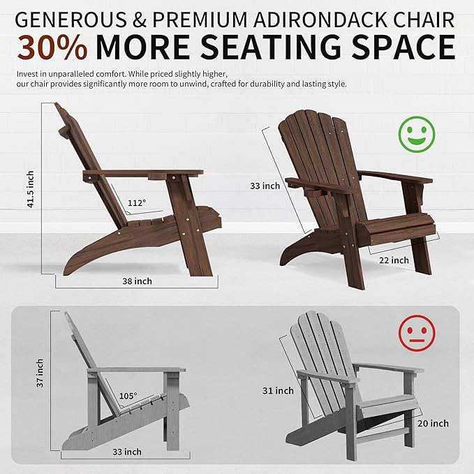 Psilvam Oversized Adirondack Chair, Fade-Resistant & Odor-Free Poly Lumber Fire Pit Chair with Cup Holder, Weatherproof Lawn Chair, Easy 15 Min Install Patio Chair, 350 Lbs Support (1, Light Brown)