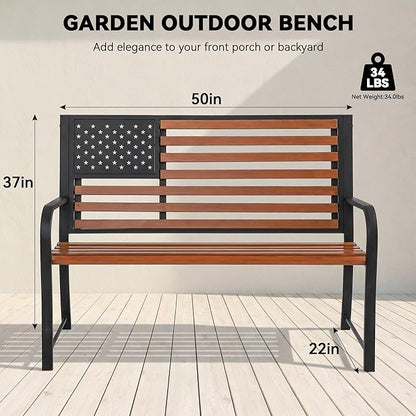 50" Garden Bench Outdoor Bench with American Flag Style, Cast Iron Metal Frame Sturdy Patio Park Bench Arch Legs for Porch,Lawn,Garden,Yard (Yellow-Brown)