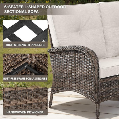 Belord Outdoor Furniture Set - 6 Pieces Patio Conversation Sectional Sofa Set with Patio Rocking Chairs Set of 2 and Wicker Coffee Table for Deck Backyard Sunroom Brown