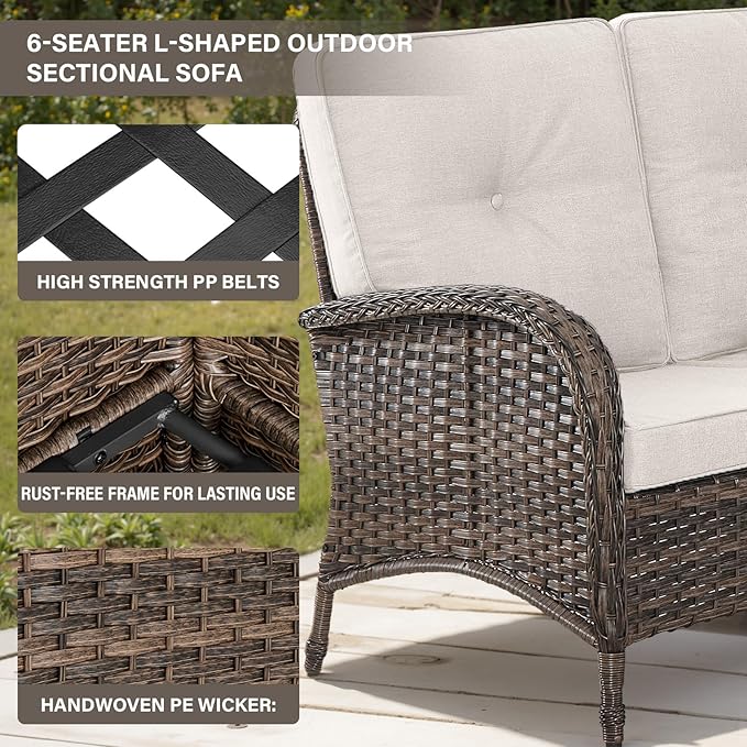 Belord 6-Seater Outdoor Sectional Sofa L Shaped Couch Patio Conversation Furniture Set, PE Wicker Patio Sectional Sofa with Removable Beige Cushion for Deck Sunroom Backyard