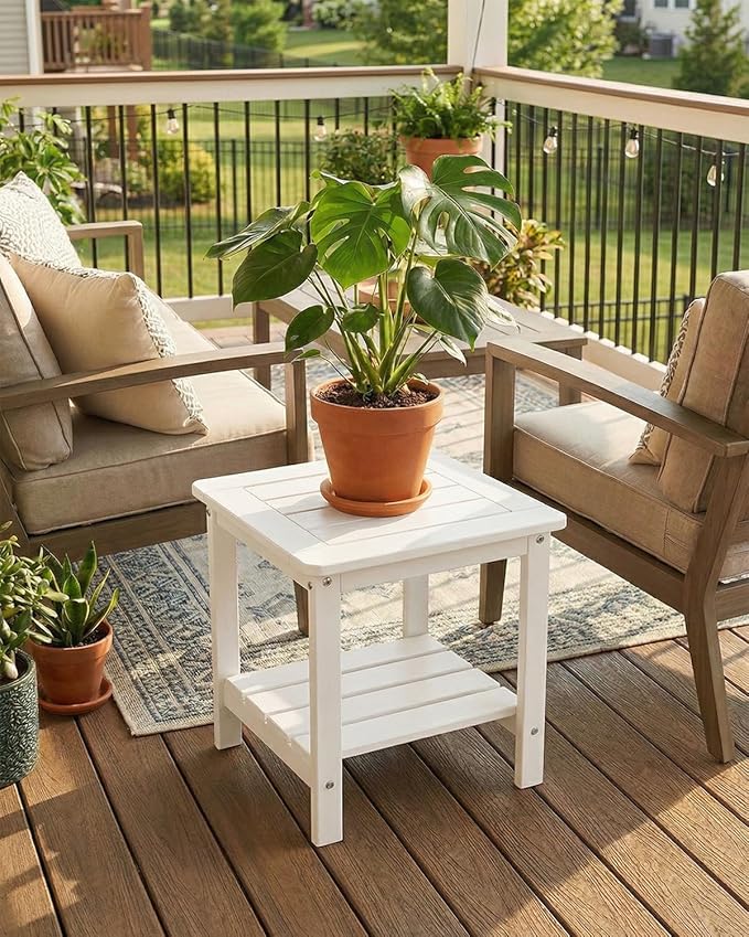 Kibaso-Adirondack Outdoor Side Table, 2-Tier HDPE Outdoor End Table, Weather Resistant Easy Maintenance, Small Patio Side Table for Patio, Pool, Porch, Garden, Lawn, and Living Room (2, White)