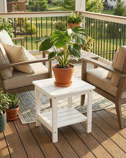 Kibaso-Adirondack Outdoor Side Table, 2-Tier HDPE Outdoor End Table, Weather Resistant Easy Maintenance, Small Patio Side Table for Patio, Pool, Porch, Garden, Lawn, and Living Room (2, White)