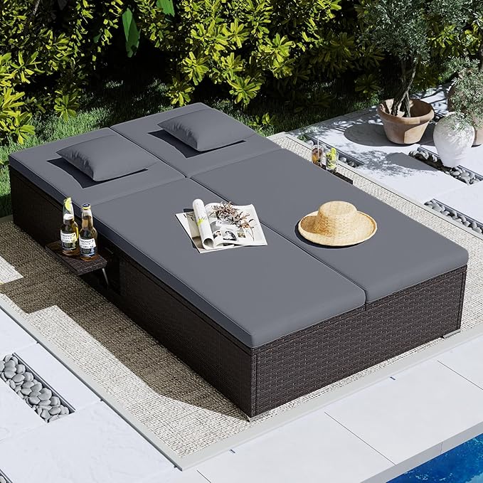 RELAX4LIFE Rattan Outdoor Patio Daybed - Wicker Double Chaise Lounge Chair w/6-Position Backrest, Folding Side Trays - Photo 2
