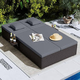 RELAX4LIFE Rattan Outdoor Patio Daybed - Wicker Double Chaise Lounge Chair w/6-Position Backrest, Folding Side Trays - Photo 2