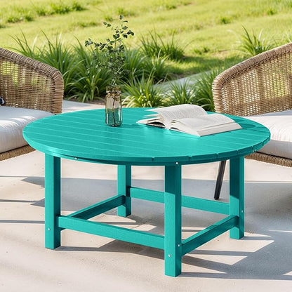 Costaelm Patio Conversation Table, Tatio Accent HDPE Outdoor Weather Resistant, Round Outdoor Porch Balcony Patio Drink Table for Outside, Pool, Backyard, Turquoise
