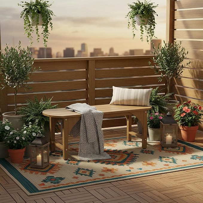 Outdoor Bench Garden Bench, HIPS 2-Person All-Weather Patio Dining Bench Outside Weatherproof Furniture for Garden, Porch & Park (Brown)
