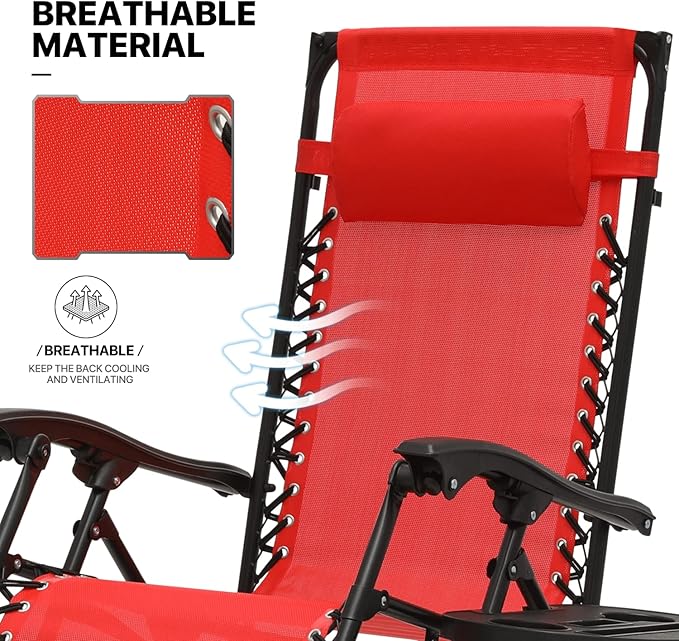 MoNiBloom Zero Gravity Chair Set of 2 with Canopy Shade, Patio Folding Anti Gravity Recliner, Foldable Outdoor Lounger with Cup Holder Tray for Beach Camping, Red