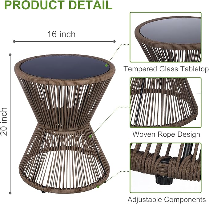 LEWIS&WAYNE Small Outdoor Side Table Patio 20’’ H Woven Rope Hourglass End Table with Glass Top Round Coffee Table for - Photo 3
