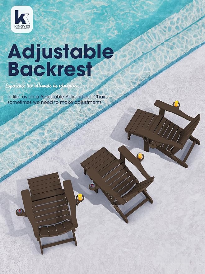 KINGYES Folding Adjustable Adirondack Chair with Ottoman & 2 Cup Holders, HDPE Adirondack Recliner Chair with Footrest - Photo 7