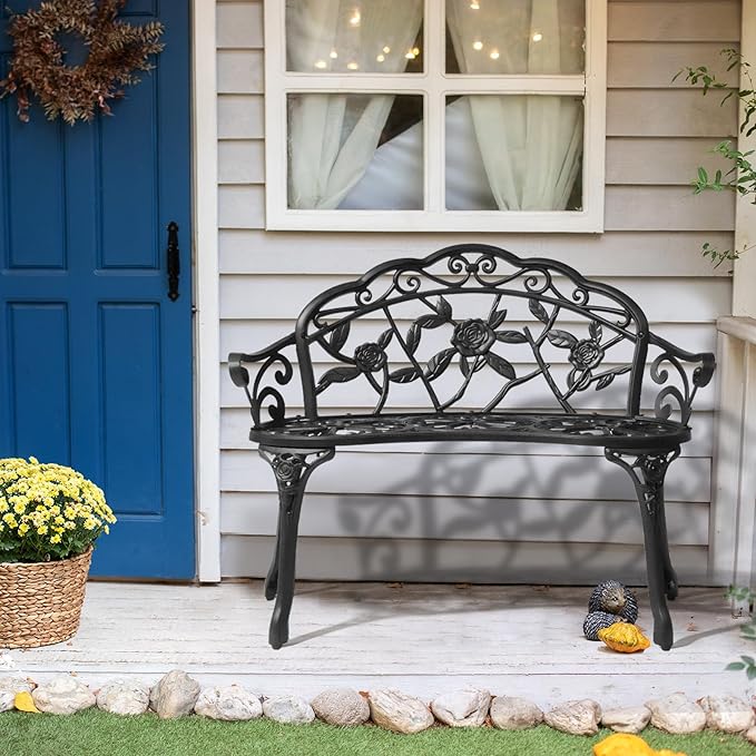 Outvita Patio Garden Bench, 38" Cast Aluminum Outdoor Chair Anti-Rust Weather Resistant Patio Bench Rose Pattern Bench - Photo 1