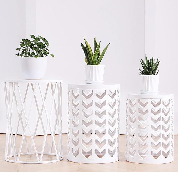 HFHOME Nesting Coffee Tables Set of 3, Industrial Metal Stacking Accent Side Tables Circle Table for Small Space, Living Room, Apartment, Bedroom Indoor - White