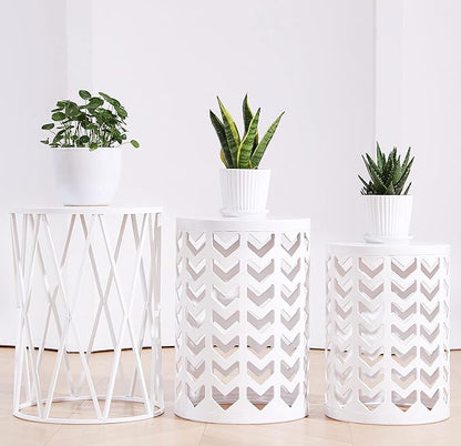 HFHOME Nesting Coffee Tables Set of 3, Industrial Metal Stacking Accent Side Tables Circle Table for Small Space, Living Room, Apartment, Bedroom Indoor - White
