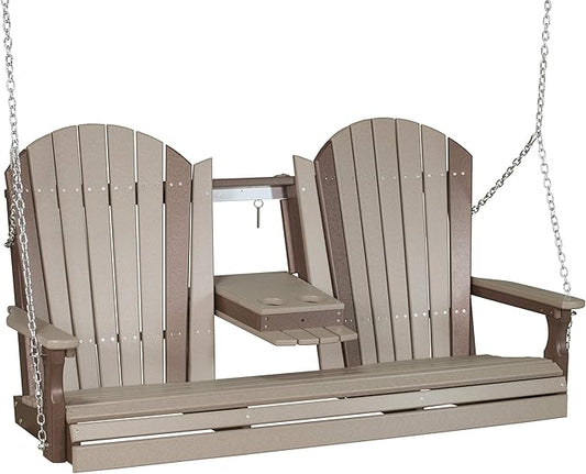 LuxCraft 5' Adirondack Hanging Front Porch Swing with Flip Down Console, Seats Up to 3, Outdoor Patio Swing Bench for Outside (Weatherwood & Chestnut Brown)