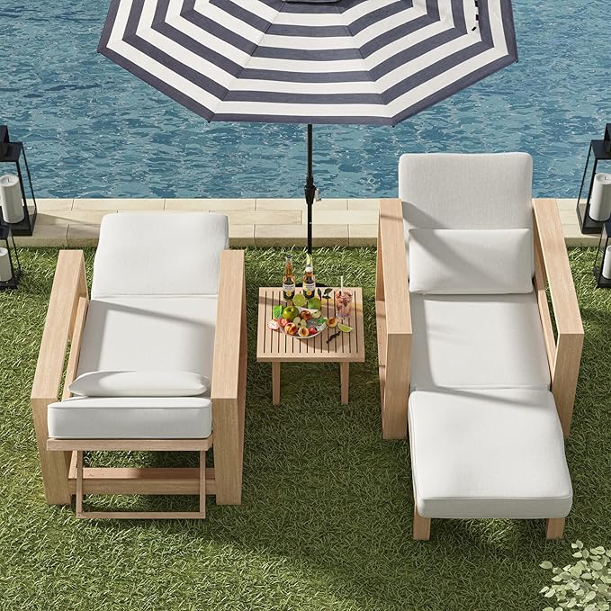 HULALA HOME Outdoor Chaise Lounges Set of 2, Solid Wood Patio Lounge Chairs with Lumbar Pillow, Adjustable Reclining Poolside Lounge Chairs, White
