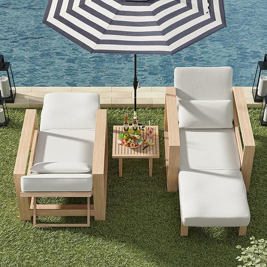 HULALA HOME Outdoor Chaise Lounges Set of 2, Solid Wood Patio Lounge Chairs with Lumbar Pillow, Adjustable Reclining Poolside Lounge Chairs, White