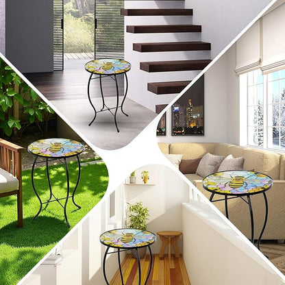 Small Side Table with Metal Frame, 10.5" Round Side Tables with Bee Pattern,Outdoor Table for Balcony,Terrace,Garden,Living Room